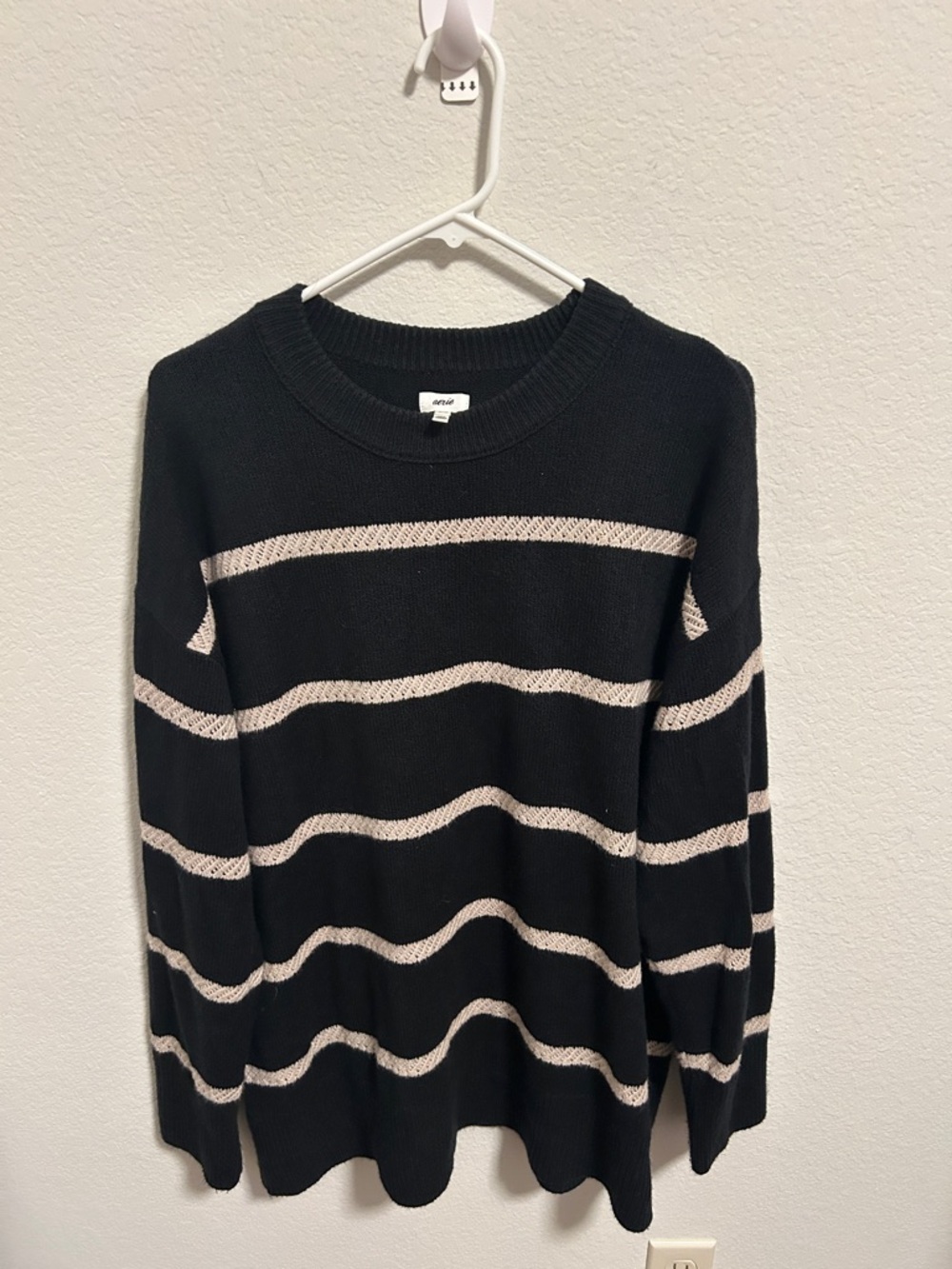 aerie Black Crewneck Sweater with Cream Stripes